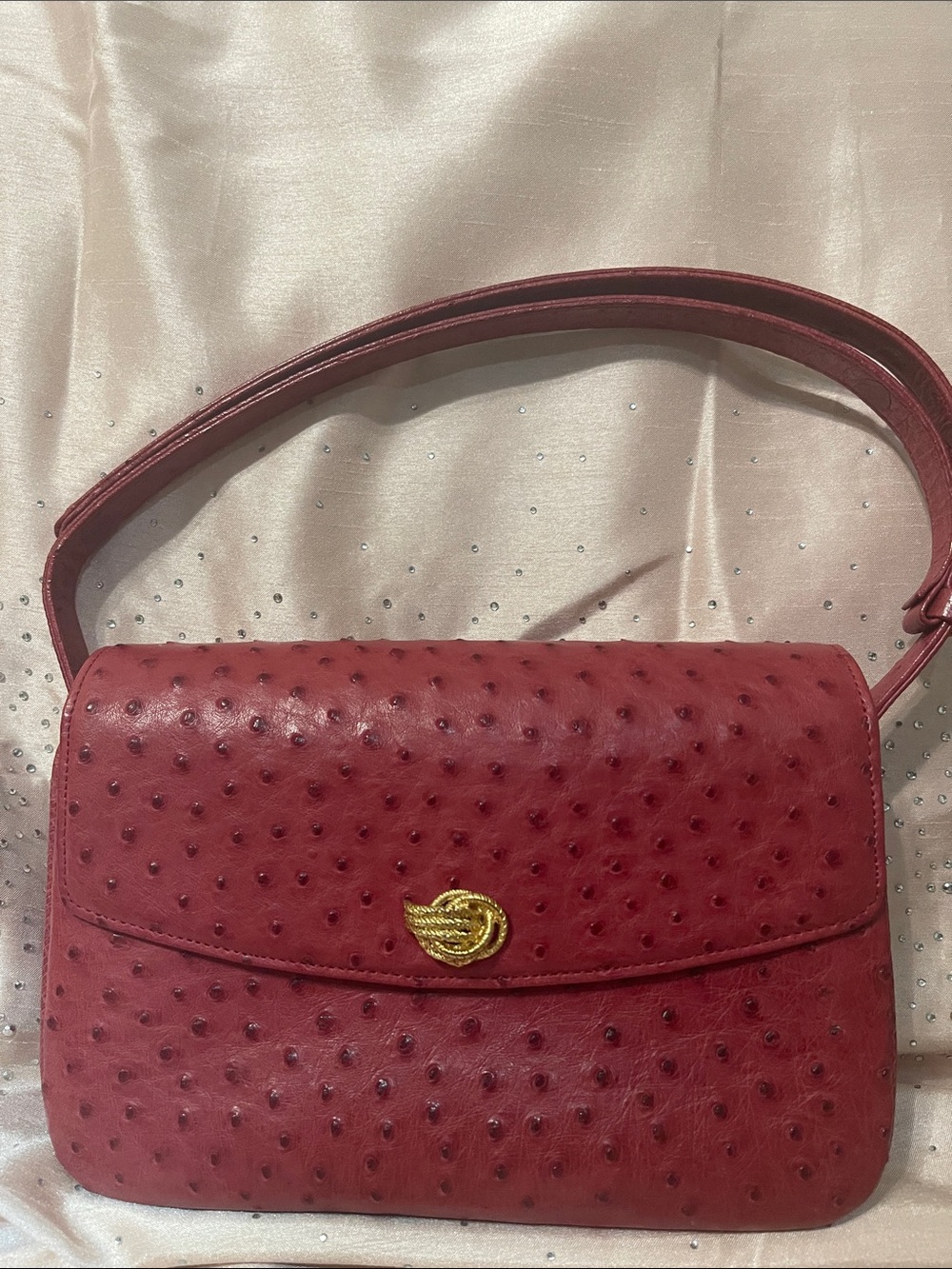 Classic Red Ostrich-Embossed Shoulder Bag
